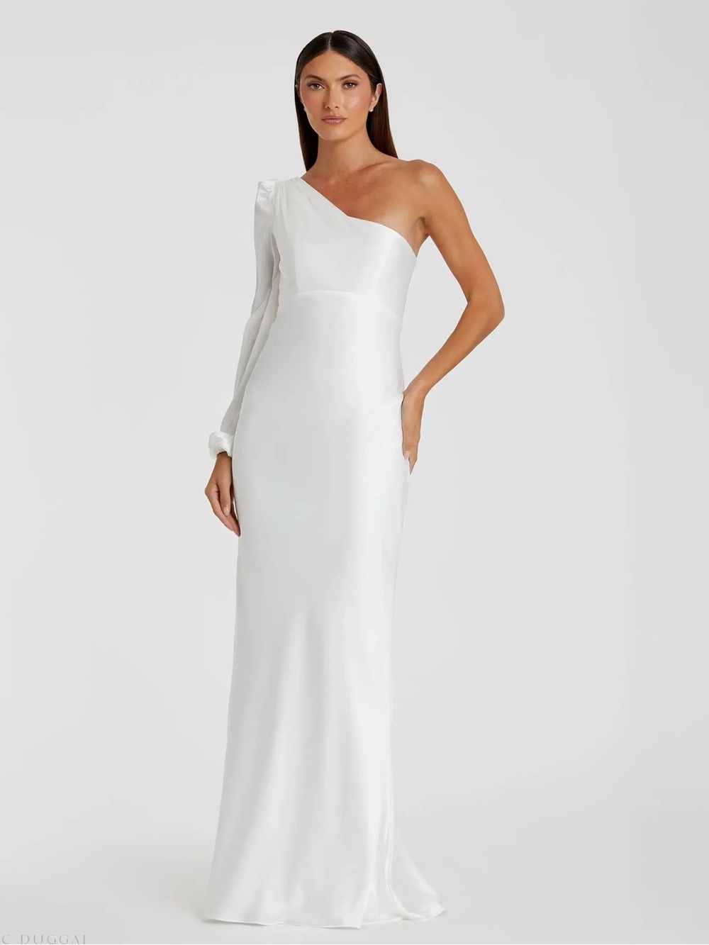 NWT Ieena Mac Duggal 55401 White One Shoulder Puff Sleeve Satin Gown Size 6
